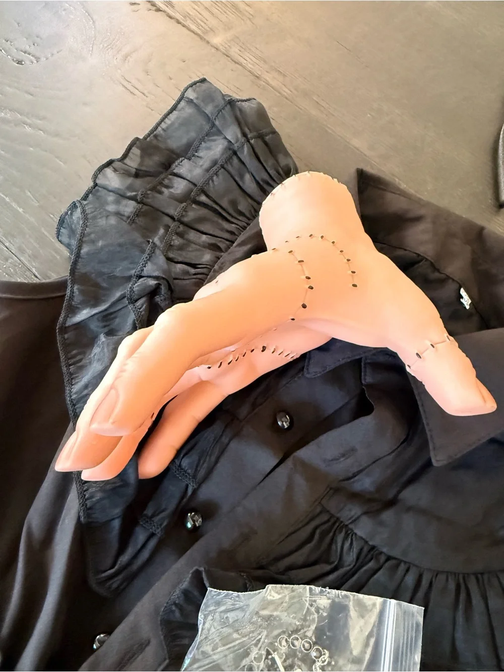 Wednesday Adams dress, accessories & The Thing Hand prop